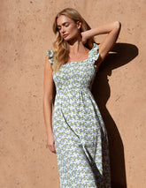 Floral & Frill Shirred Bodice Midi Dress