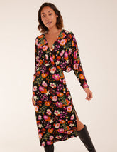 Wrap Batwing Floral Midi Dress With Side Split