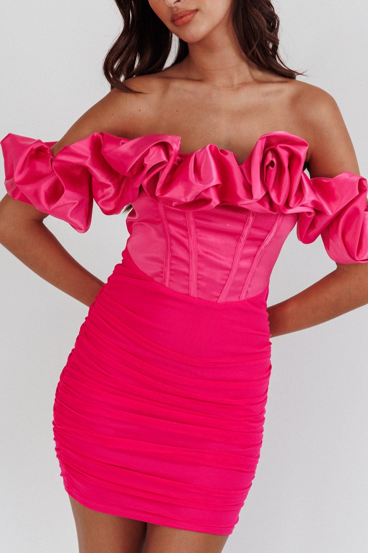 Arista Off-Shoulder Ruched Mini Dress Hot Pink