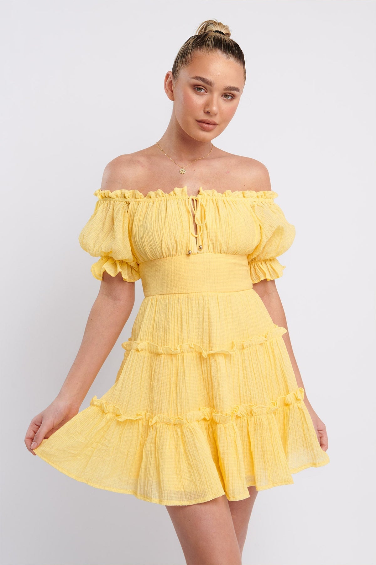 Everley Puff Sleeve Mini Dress Lemon