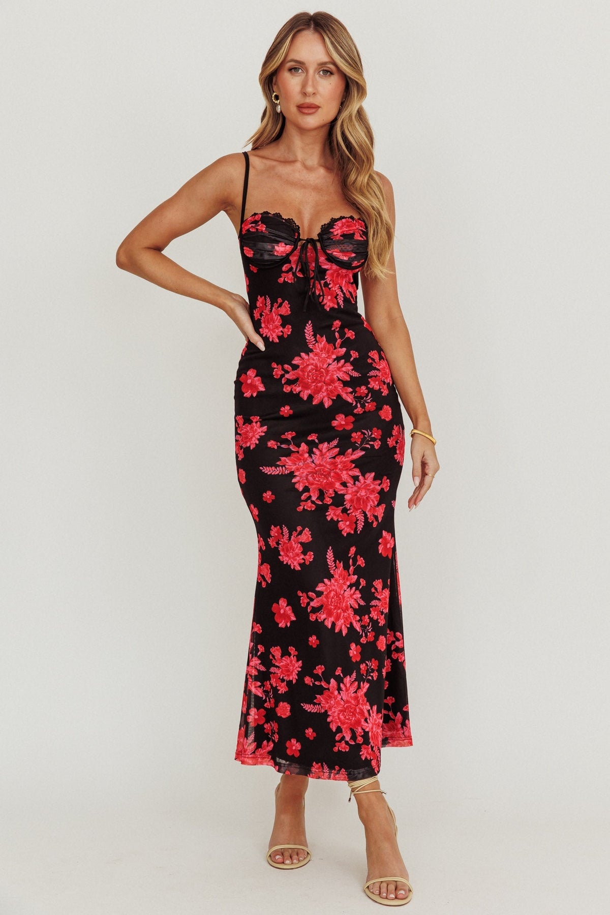 Fortune Lace Trim Mesh Midi Dress Black