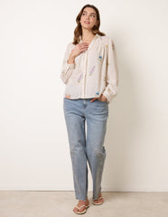 Long Sleeve Embroidered Button Front Blouse