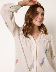 Long Sleeve Embroidered Button Front Blouse