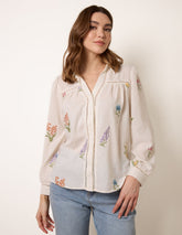 Long Sleeve Embroidered Button Front Blouse