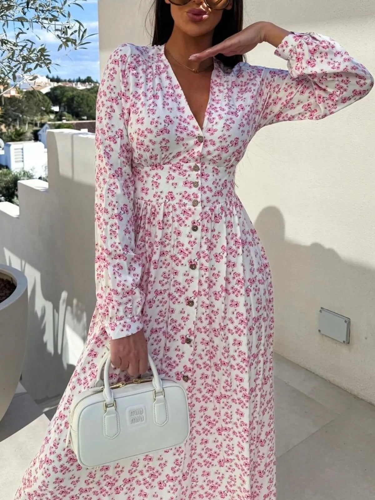 Floral Print Long Sleeve V-Neck Dress