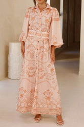 Printed Balloon Sleeve Maxi Shirt Dress