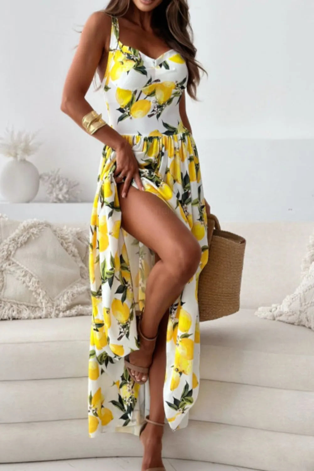Lemon Print Sweetheart Neck Maxi Dress