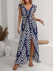 Printed V-Neck Cap Sleeve Maxi Dress
