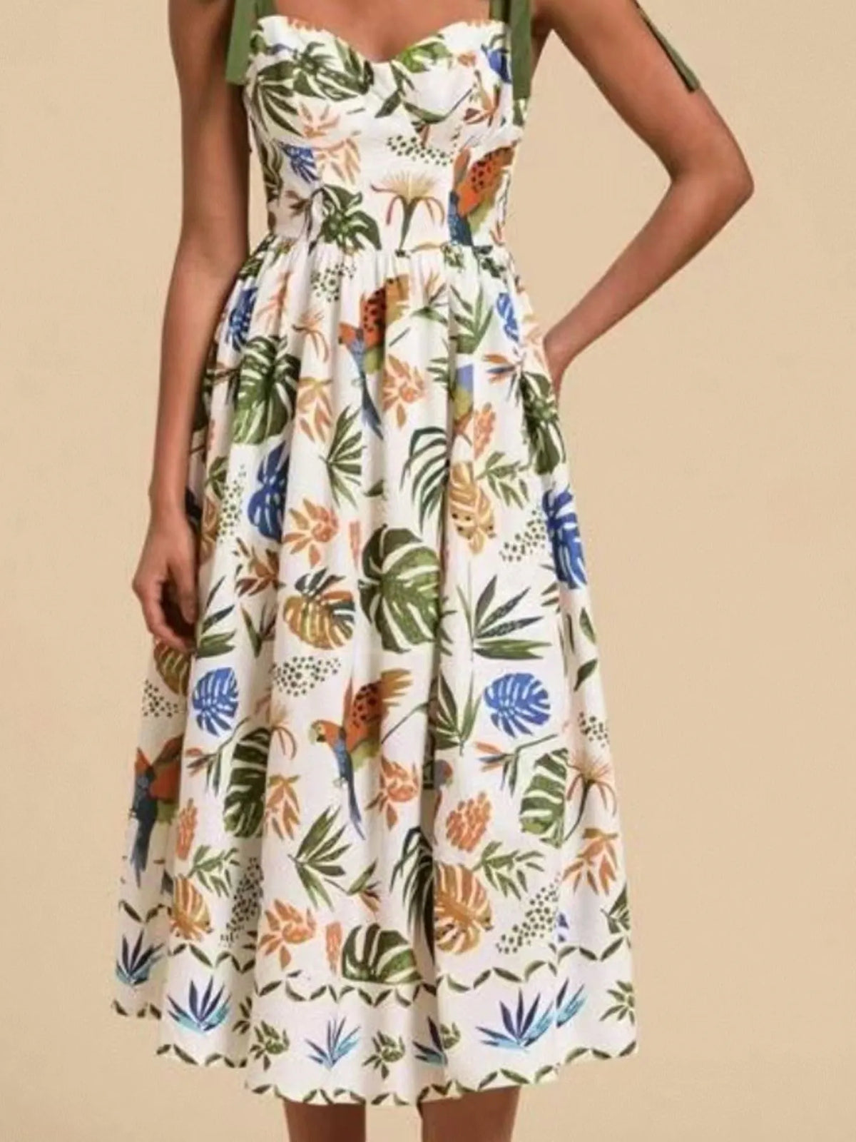 Tropical Print Tie-Shoulder Sweetheart Neck Midi Dress