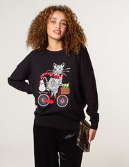 Christmas Cat On A Bike Jumper