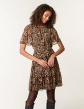 Leopard Print Mesh Crew Neck Mini Dress