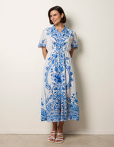 Floral Blue Print Drawstring Dress