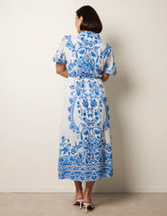 Floral Blue Print Drawstring Dress