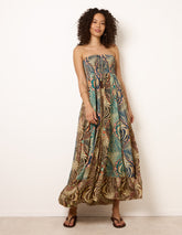Bold Print Bandeau Shirred Maxi Dress