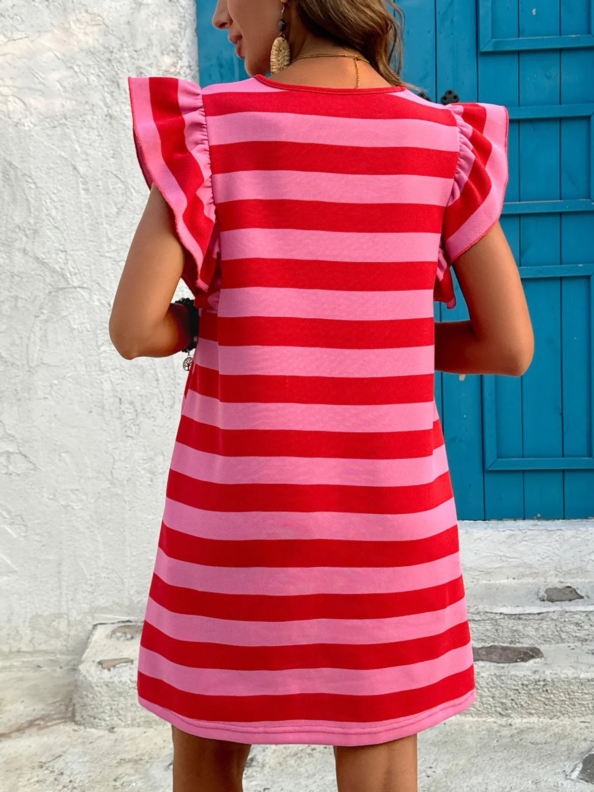 Striped Ruffle Sleeve Casual Summer Dress