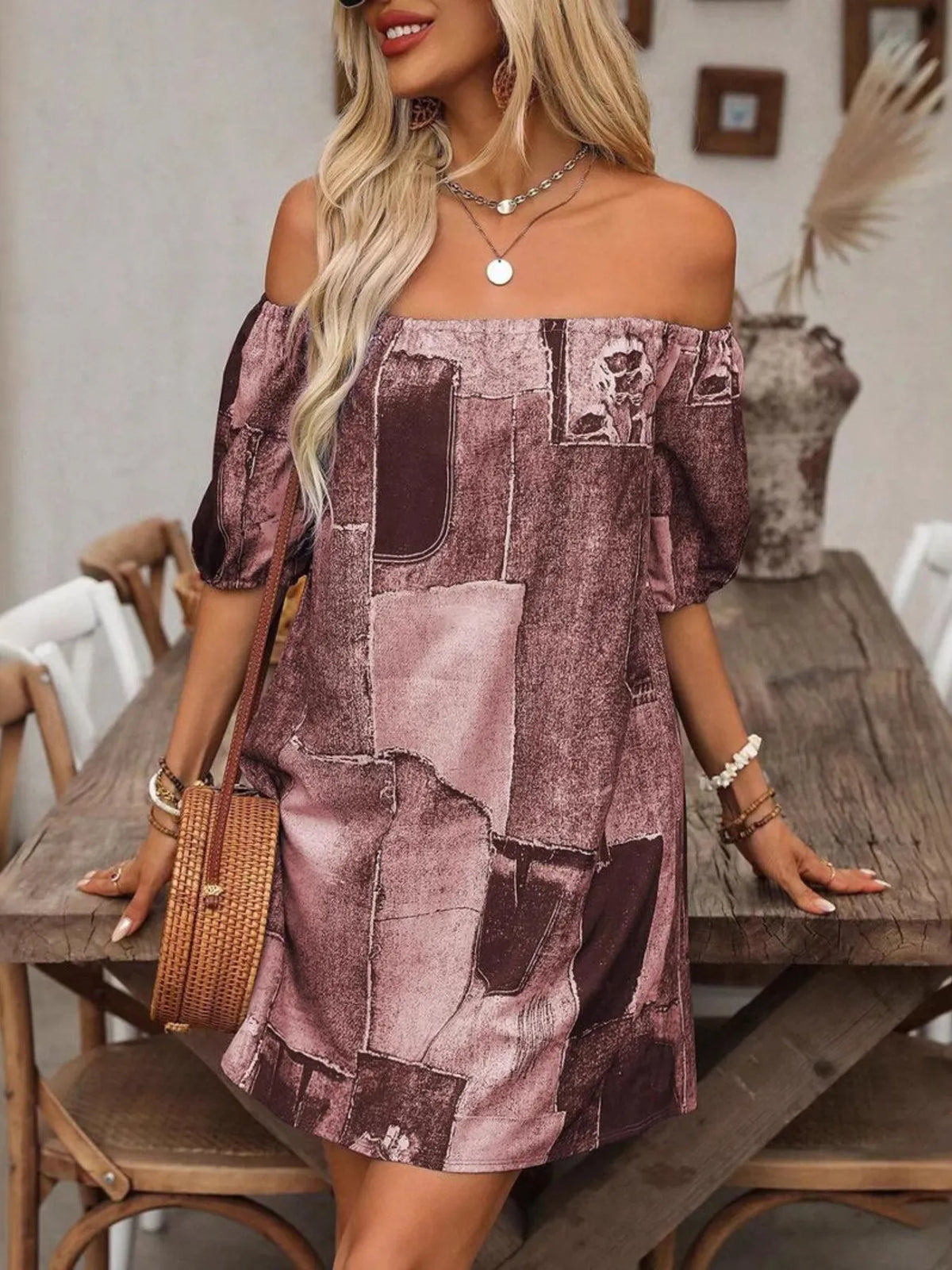 Patchwork Off Shoulder Denim Mini Dress