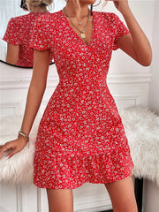 Printed Ruffled Hem V-Neck Short Sleeve Mini Dress