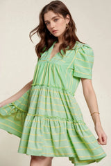 Stripe V Neck Short Sleeve Frilled Detail Dress