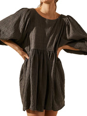 Relaxed Textured Babydoll Mini Dress with Back Keyhole Detail