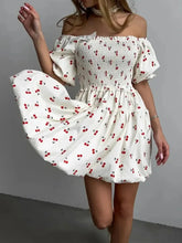 Puff Sleeve Cherry Print Smocked Mini Dress