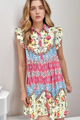 Floral Mixed Pattern Ruffle Flutter Sleeve Buttoned Dress