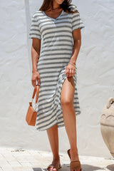 Casual Striped V-Neck Midi T-Shirt Dress