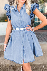 Ruffled Button Front Cap Sleeve Denim Dress