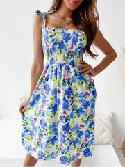 Floral Smocked Bodice Tie Shoulder Summer Dress
