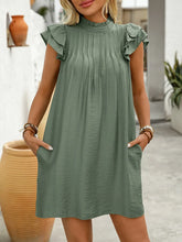 Ruffled Mock Neck Cap Sleeve Mini Dress