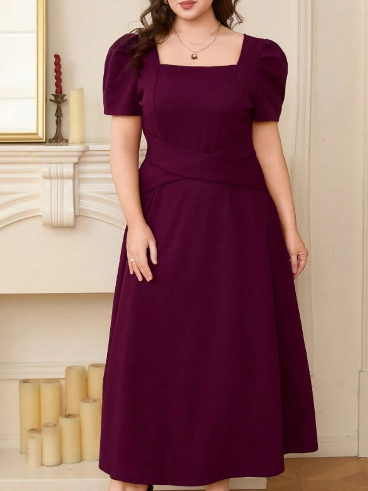 Plus Size Square Neck Puff Sleeve Midi Dress