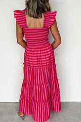 Stripe Flutter Sleeve Smocked Bodice Tiered Maxi Dress
