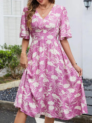 Floral Flutter Sleeve V-Neck Summer Midi Dress