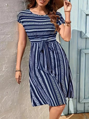 Striped Round Neck Short Sleeve Casual Dress