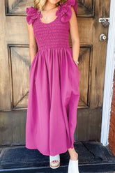 Solid Color Ruffled Straps Smocked Ruched Maxi Dress