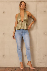 Gilded Whisper Foiled Chiffon Top - Olive
