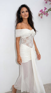 Elarisse Lace Mesh Maxi Dress - Cream White