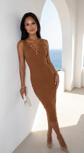 Milana Henley Ribbed Midi Dress - Caramel Brown
