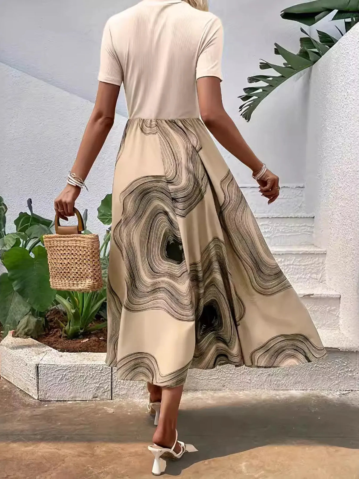 Printed Round Neck Short Sleeve Dress