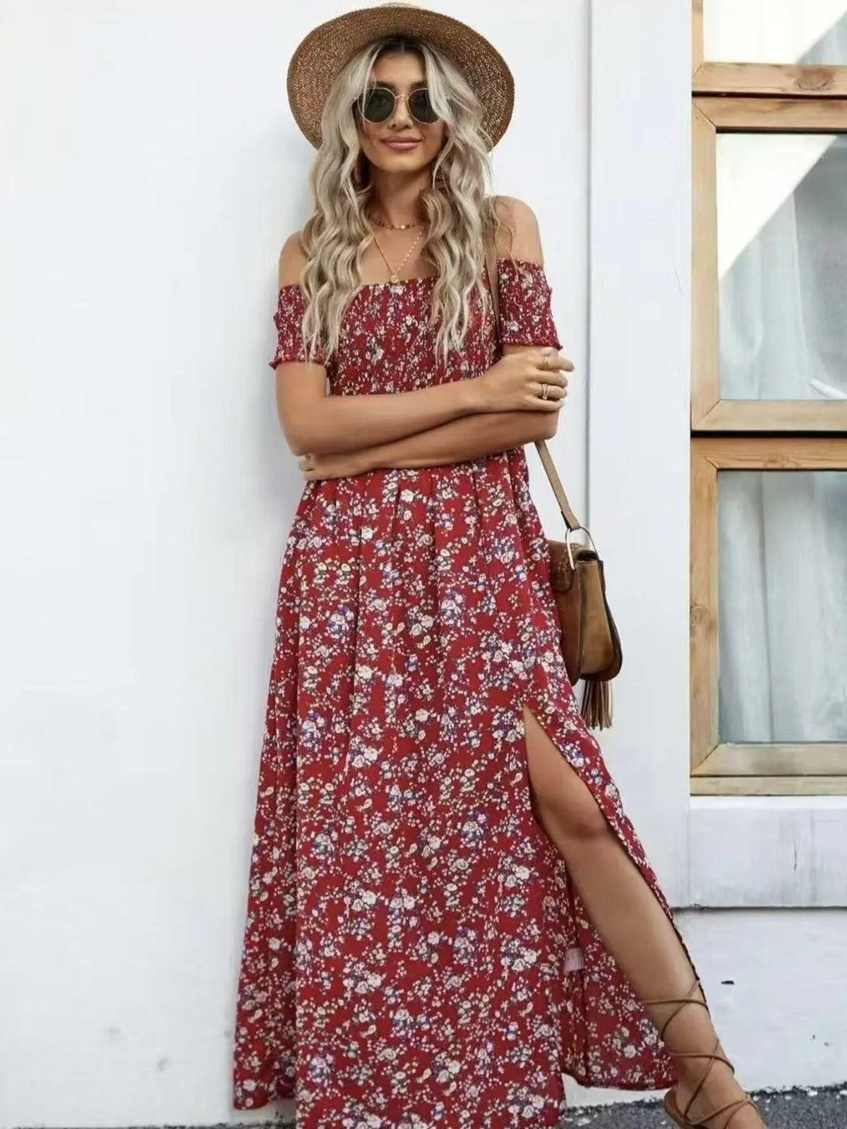 Full Size Slit Off-Shoulder Floral Midi Dress Plus Size