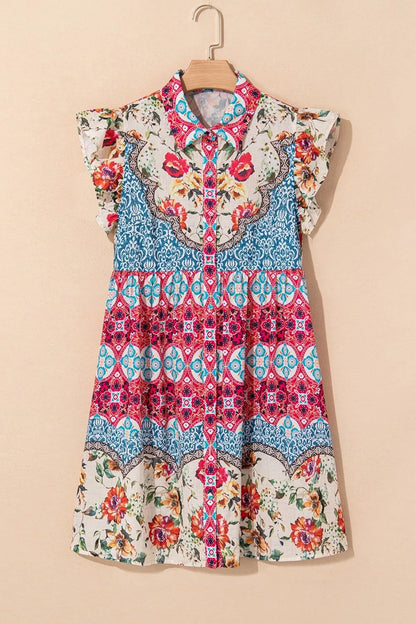 Floral Mixed Pattern Ruffle Flutter Sleeve Buttoned Dress