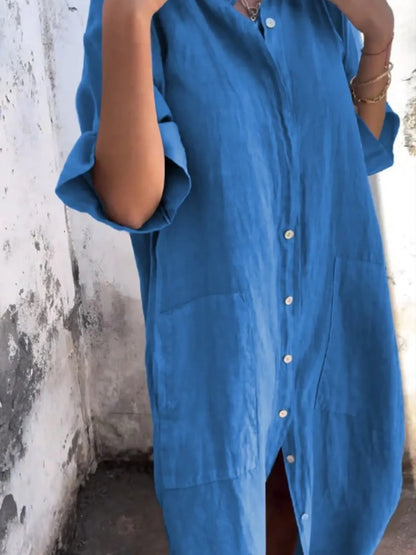Full Size Casual Linen Button-Down Shirt Dress Plus Size