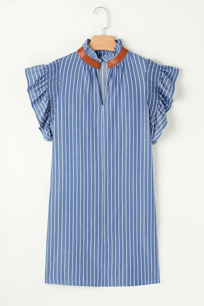 Stripe Frilly Split Neck Shirred Ruffle Sleeve Short Shift Dress