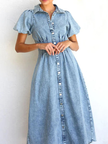 Puff Sleeve Button Front Denim Midi Dress
