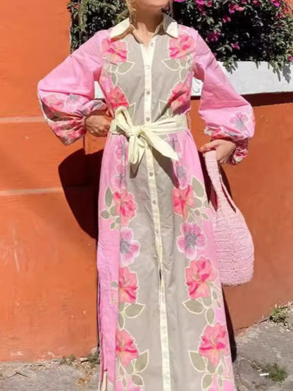 Floral Print Long Sleeve Maxi Shirt Dress