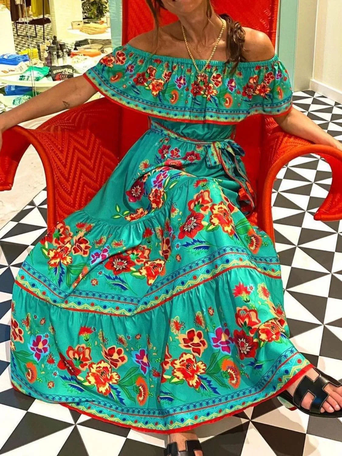 Floral Off Shoulder Ruffle Maxi Dress