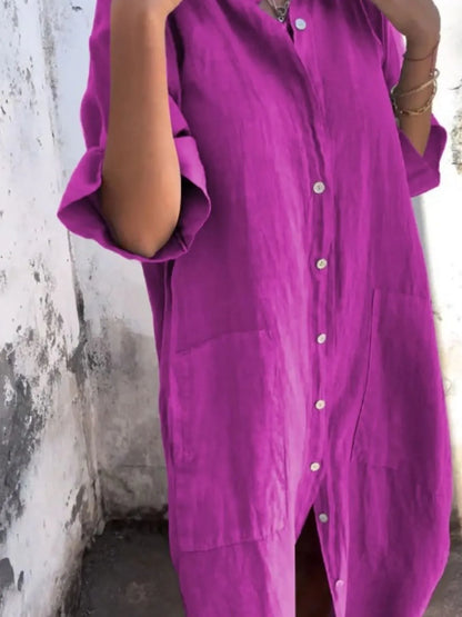 Full Size Casual Linen Button-Down Shirt Dress Plus Size