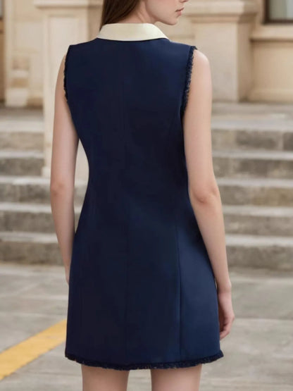 Contrast Collar Button-Front Sleeveless Mini Dress