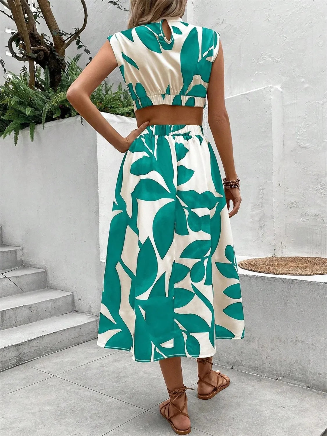 Cutout Printed Cap Sleeve Midi Dress