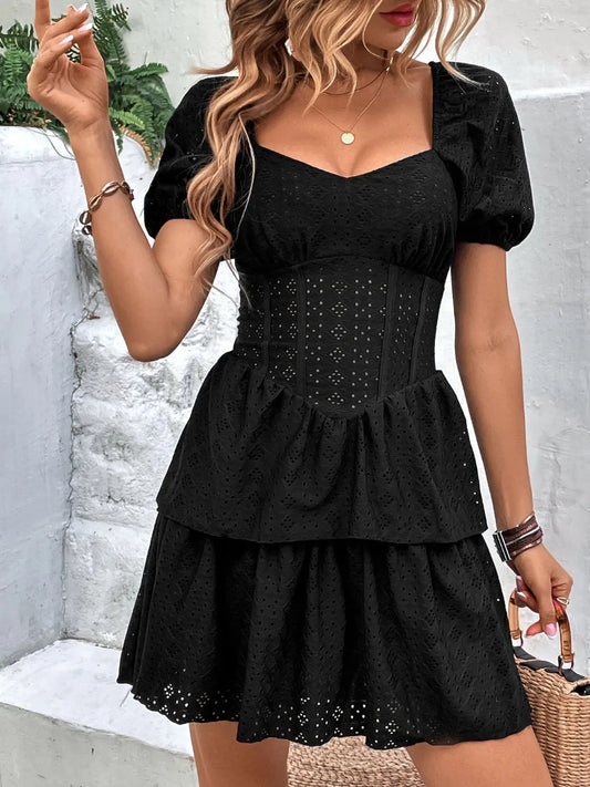 Layered Eyelet Short Sleeve Mini Dress