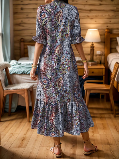 Full Size Bohemian Paisley Print Ruffle Hem Midi Dress Plus Size